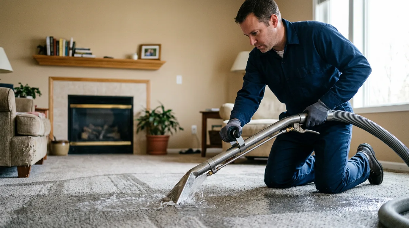 Water damage restoration technician working in a home in Colorado